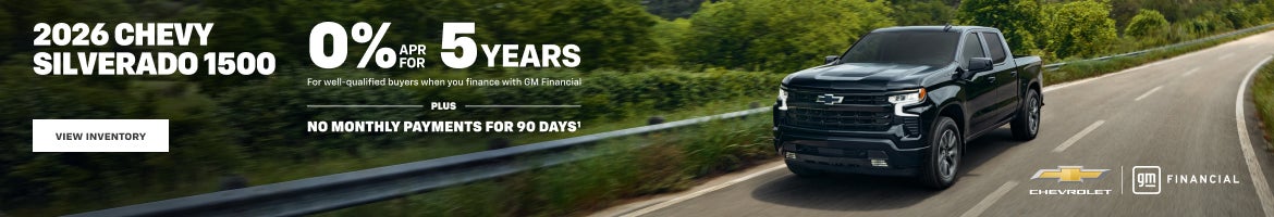 2026 Chevy Silverado 1500. 0% APR for 5 years for well-qualified buyers when you finance with GM ...
